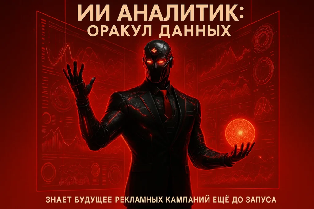 Иллюстрация ИИ-аналитика в образе оракула данных предсказывающего будущее
