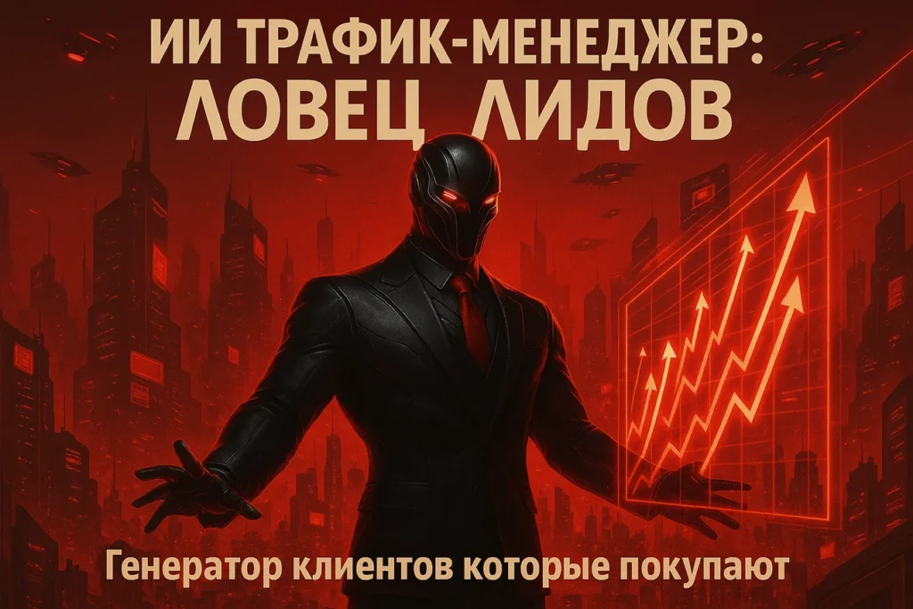 Иллюстрация ИИ-трафик-менеджера в образе ловца лидов с сетью для сбора клиентов