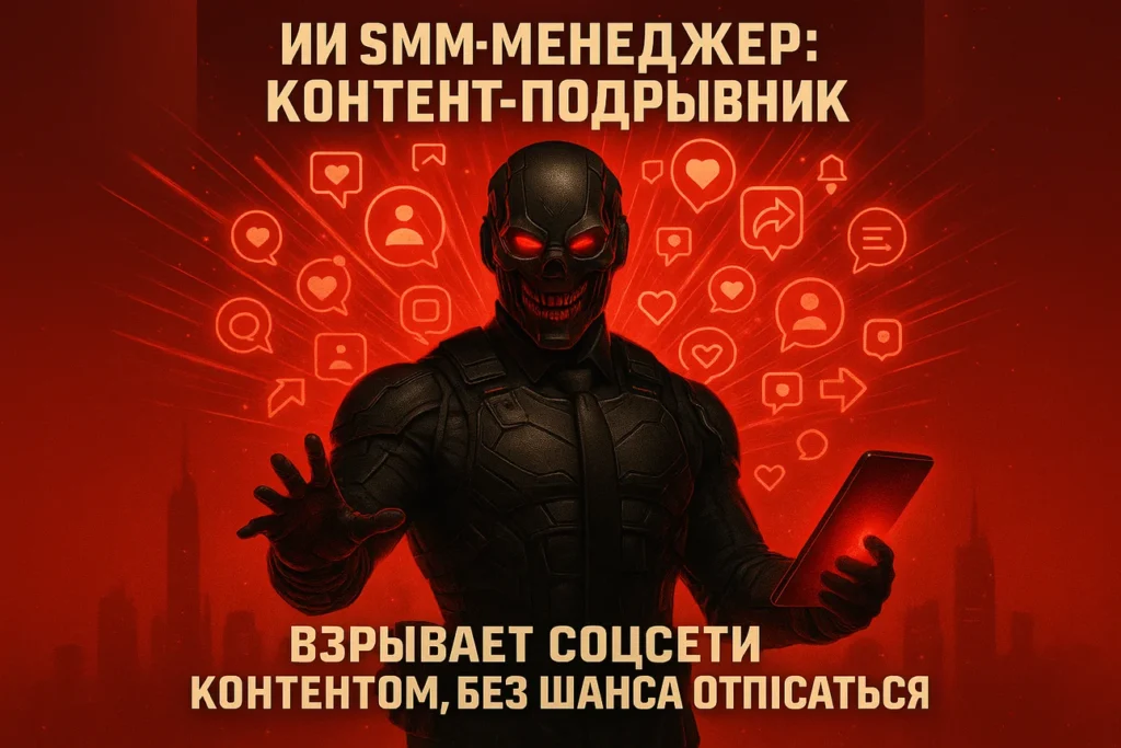 Иллюстрация ИИ-SMM-менеджера с суперсилой контент-подрывник вирусный контент
