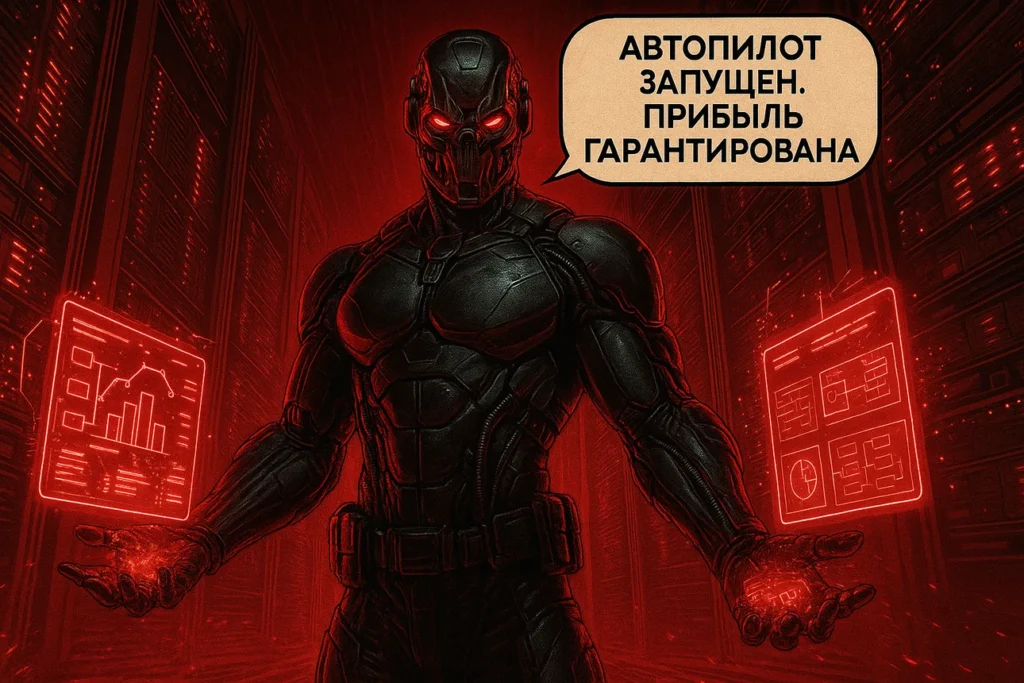 Red Boss в красном плаще с пультом управления автопилот запущен прибыль гарантирована