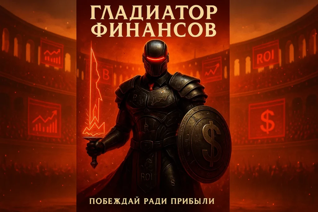 Red Boss в образе гладиатора финансов с мечом и щитом готовый к битве за прибыль