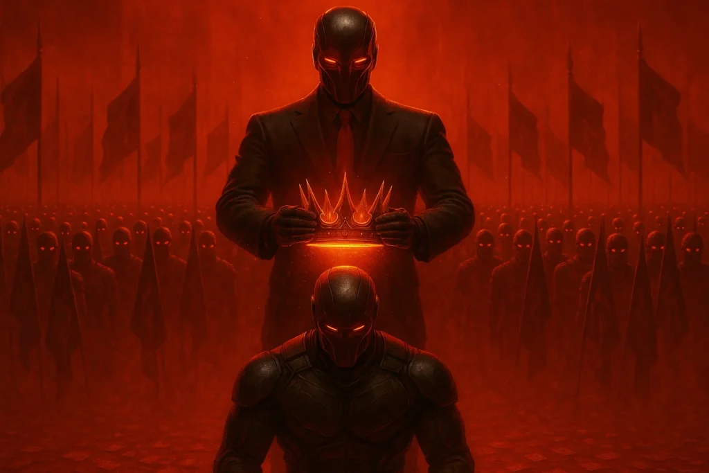 Red Boss в красном плаще коронует своих бойцов символизируя что ИИ-специалисты становятся новой элитой цифровой эры