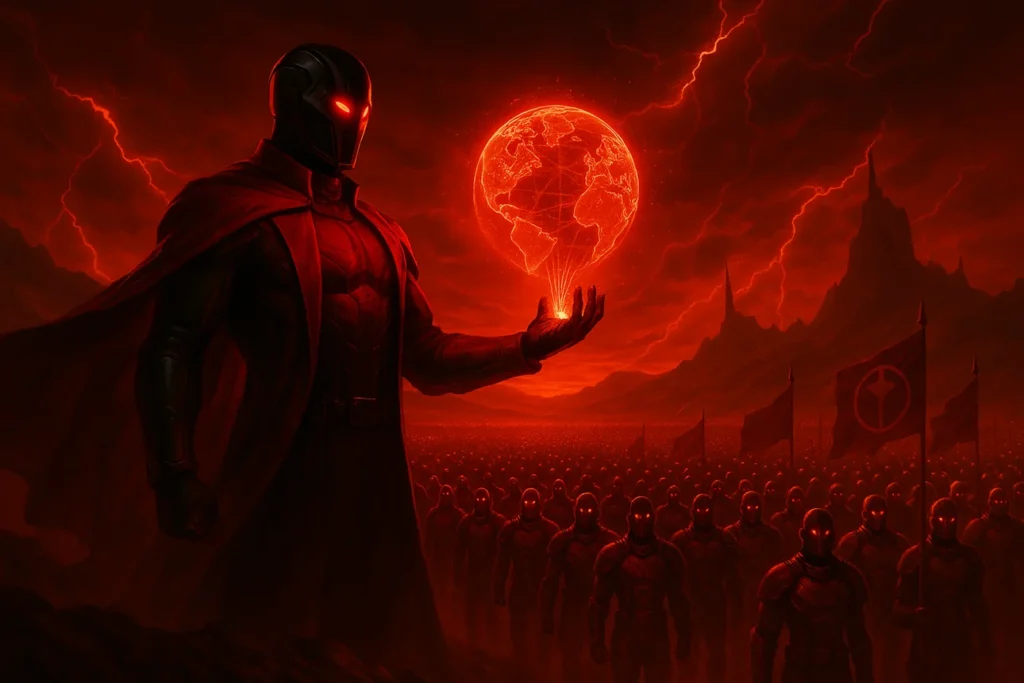 Red Boss из Красного Легиона на фоне армии ИИ-сотрудников символизирует лидерство и масштабирование заработка на искусственном интеллекте