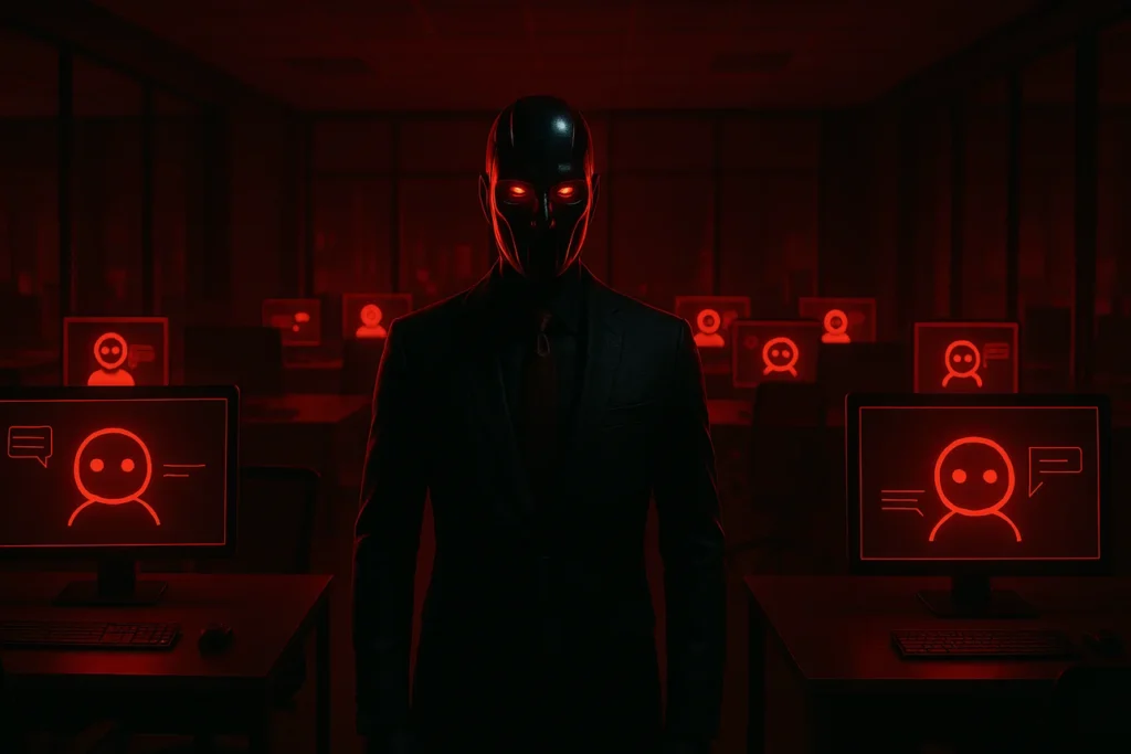 Red Boss стоит на фоне множества мониторов с изображениями ИИ-агентов символ быстрых изменений в мире технологий