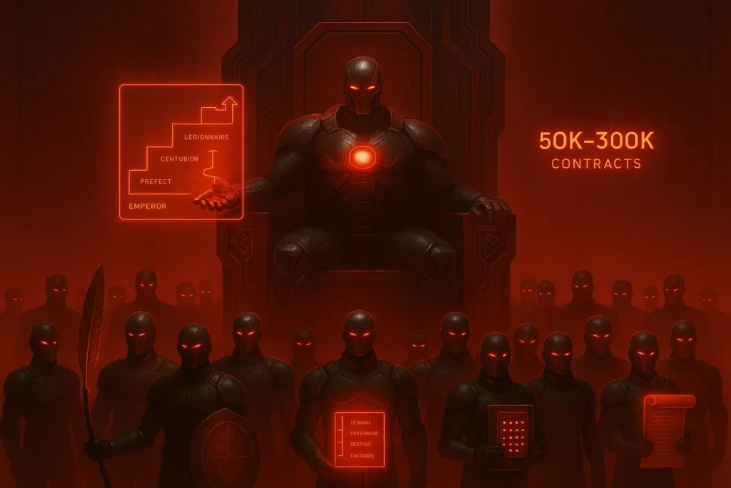 Red Boss сидит на троне в окружении Красного Легиона символ лидерства и власти в эру искусственного интеллекта