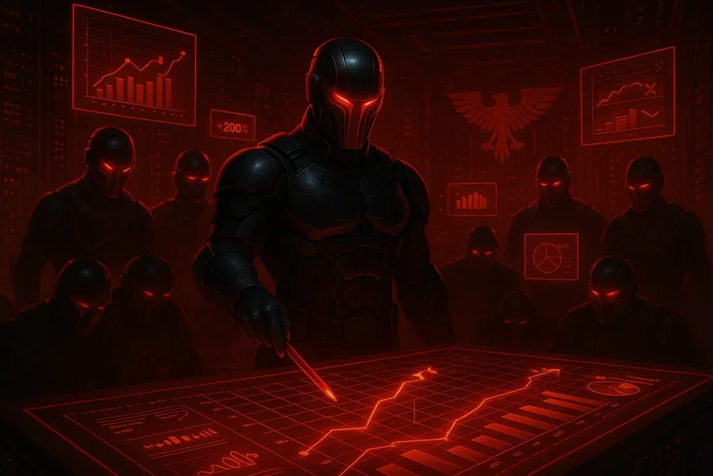 Red Boss в красном плаще показывает своим ученикам статистику успеха символизируя что билет в будущее в их руках