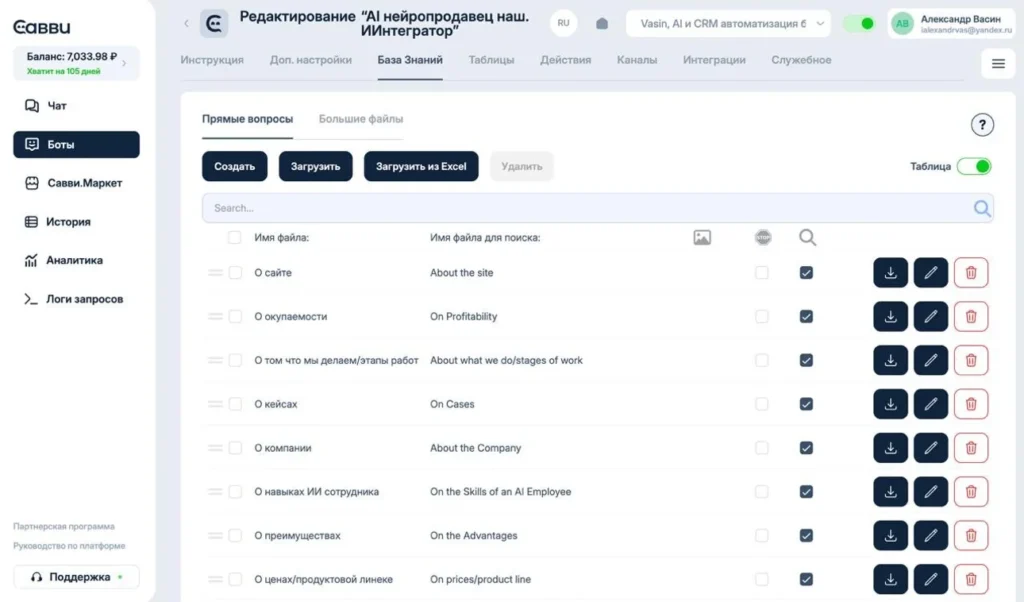 Скриншот интерфейса платформы Савви с редактором AI-сотрудника и структурой базы знаний для настройки