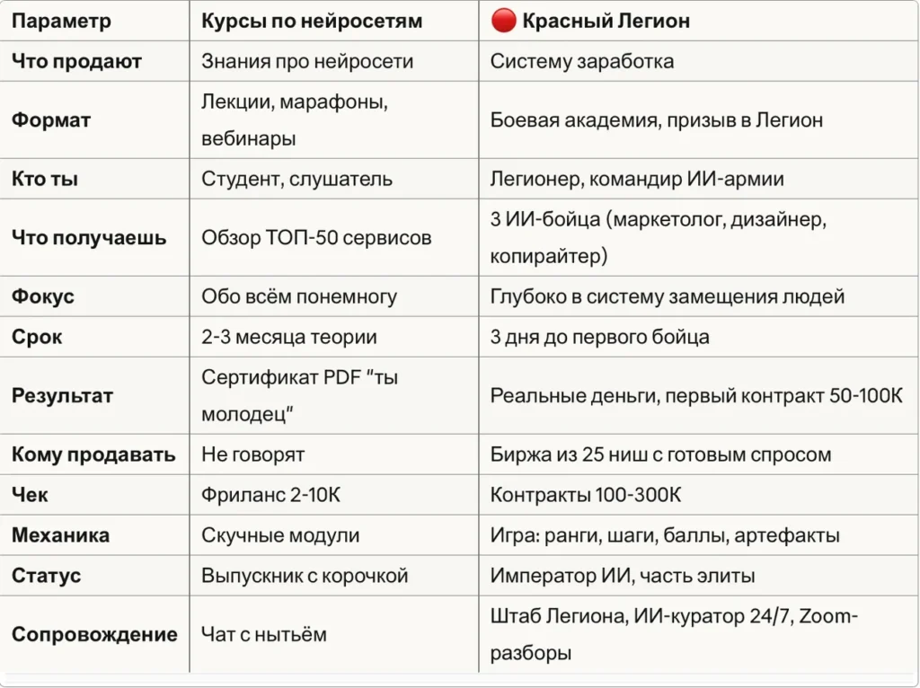 Сравнительная таблица отличий курсов по нейросетям и программы Красный Легион