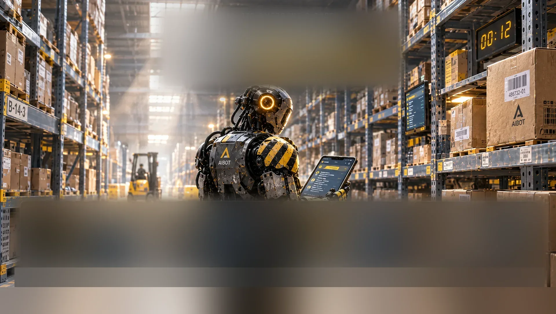 Ночной склад, робот AIBOT с планшетом в проходе между стеллажами, часы показывают 00:12
