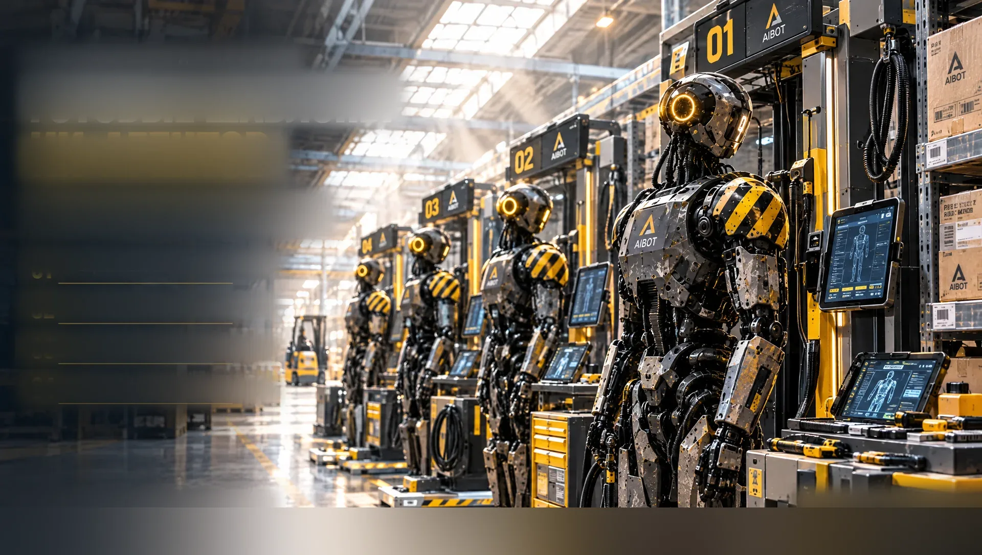 Шеренга роботов AIBOT на зарядных стойках склада, у каждой стойки планшет с картой агента