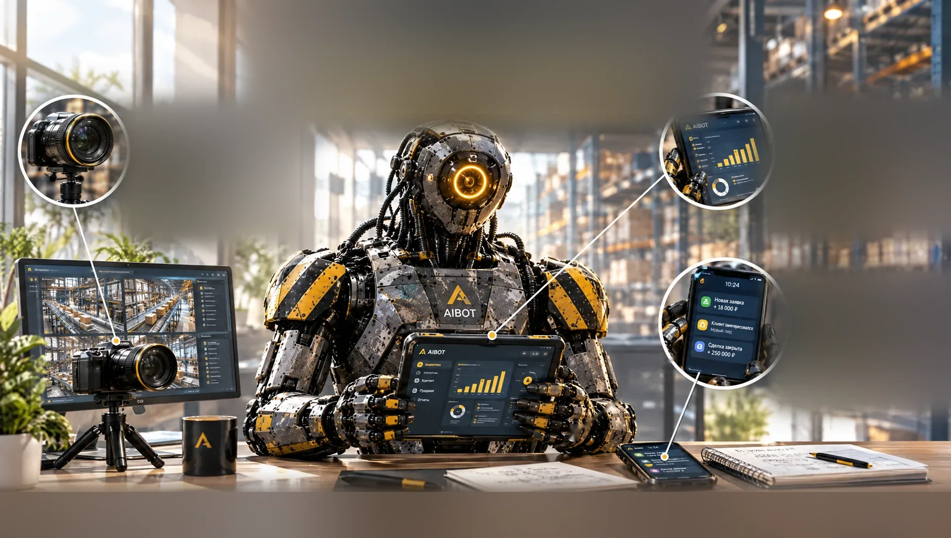 Робот AIBOT за рабочим столом с планшетом, камера на штативе, телефон с заявками
