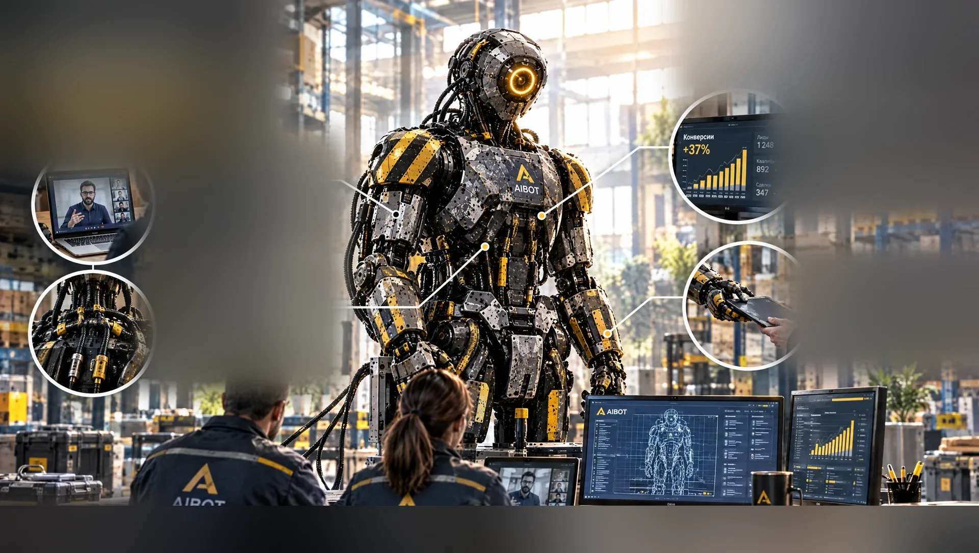 Инженеры и робот AIBOT на складе: ноутбук с созвоном, мониторы с дашбордом, планшет в руке