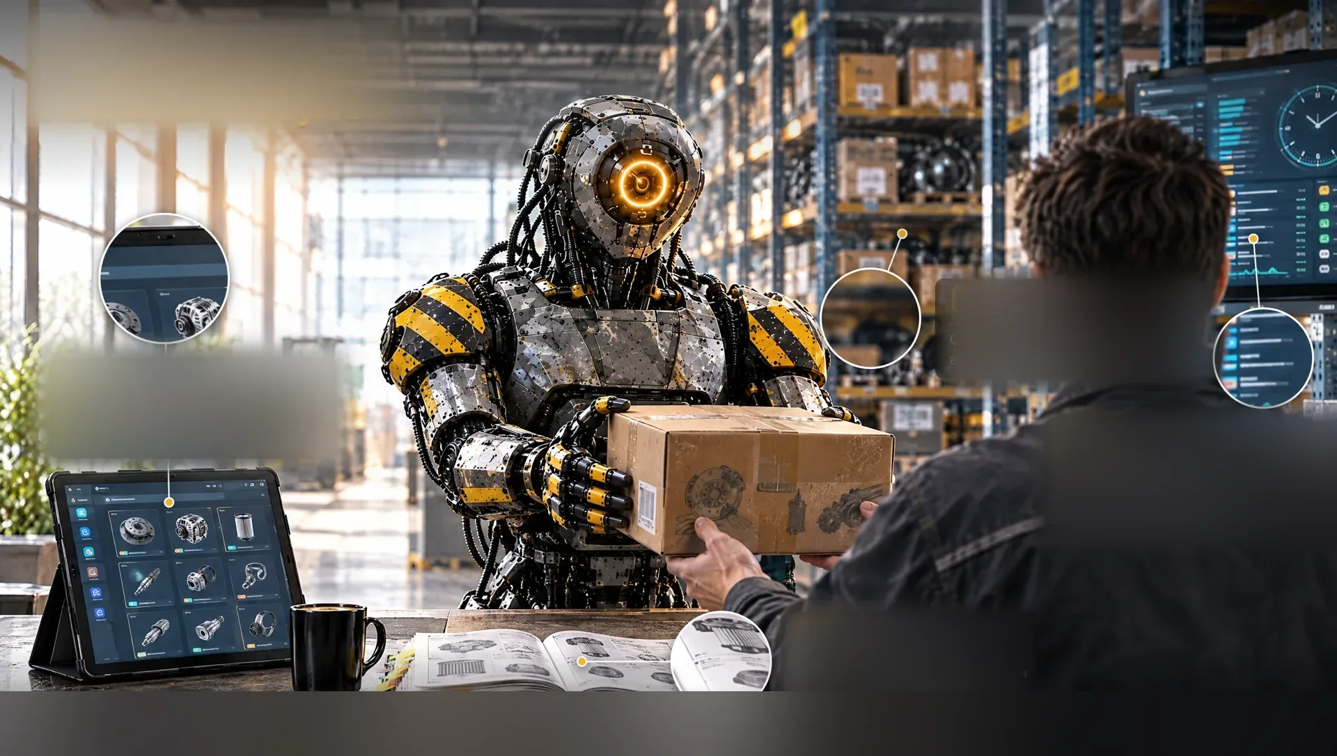 Стойка выдачи склада автозапчастей: робот AIBOT передаёт коробку механику, рядом планшет с каталогом